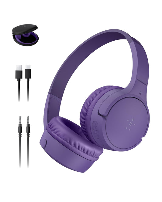 Belkin SoundForm Mini - Wireless Bluetooth Kids Headphones, 30H Battery, 85dB Safe Volume Limit, Built-in Microphone - Toddler On-Ear Earphones for iPhone, iPad - Ideal for School - Blue w/Case