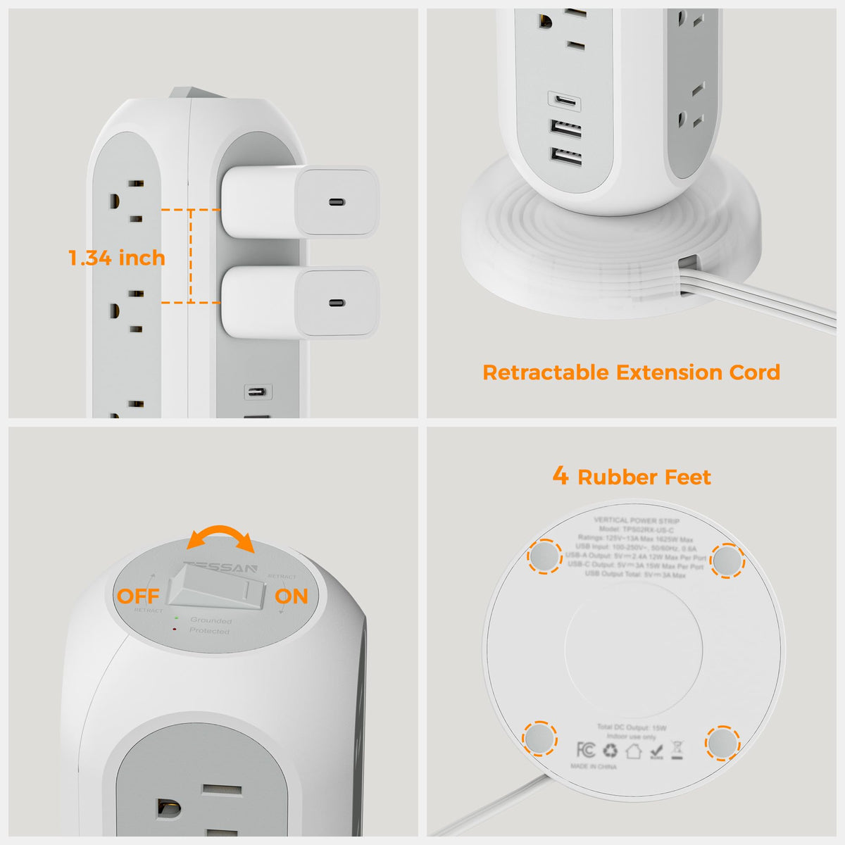 Tower Power Strip Flat Plug with 11 Outlets 3 USB (1 USB C), TESSAN Surge Protector Tower 1625W/13A,1050J Protection, 6 Feet Extension Cord with Multiple Outlets, Office Desk Supplies, Dorm Essentials