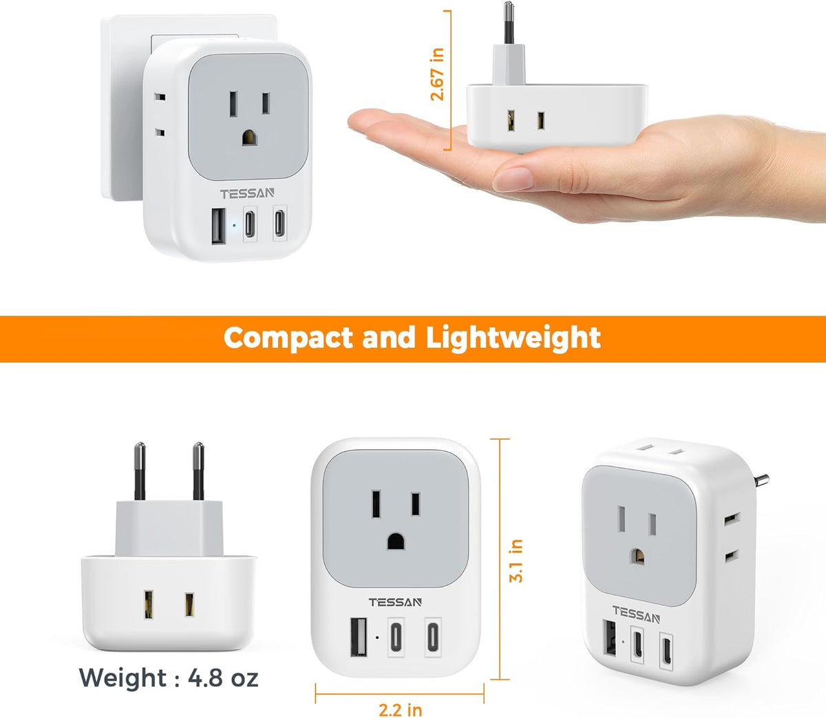 TESSAN European Travel Plug Adapter USB C, Type C Power Adaptor with 4 AC Outlets for USA to EU Italy Iceland Spain France Greece Germany