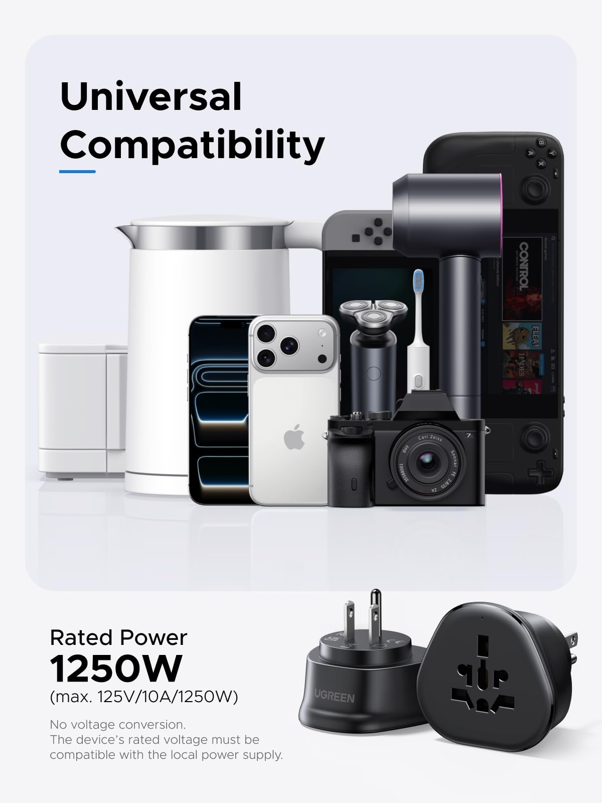 UGREEN US Plug Travel Adapter, EU/UK/AU/JP/CN/NZ/PH to US (Type B), International to US Pin Converter, Power Outlet Charger, 200+ Countries Compatibility, 1 Pack