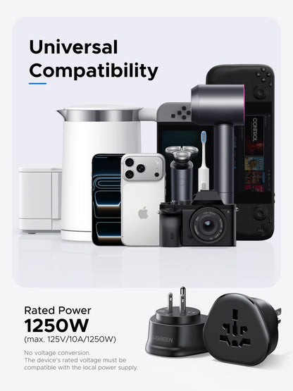 UGREEN US Plug Travel Adapter, EU/UK/AU/JP/CN/NZ/PH to US (Type B), International to US Pin Converter, Power Outlet Charger, 200+ Countries Compatibility, 1 Pack