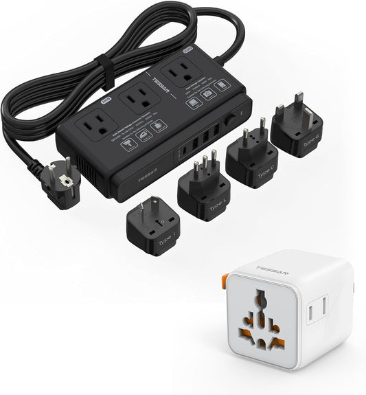 TESSAN Universal Travel Adapter with Dual AC Outlet (Type C G A I) and 220V to 110V Voltage Converter with 4 USB Ports (1 USB C), 3 AC Outlet and EU UK AU IT Plug Power Adapter