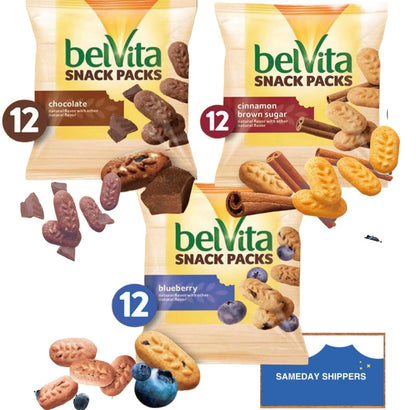 BelVita Breakfast Biscuits Variety Packs | 3 Natural Flavors - 12 Chocolate belVita Snack Packs, 12 Cinnamon Brown Snack Packs, and 12 Blueberry Snack Packs | Sameday Shippers Offers Free SameDay Shippers Branded Bag Clip