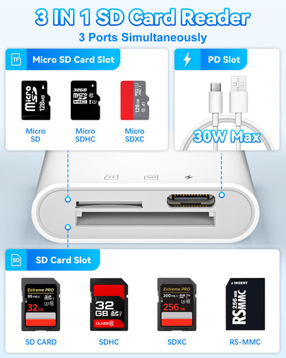 USB-C SD Card Reader, Dual Slot SD/MicroSD Adapter for iPhone 17/16/15