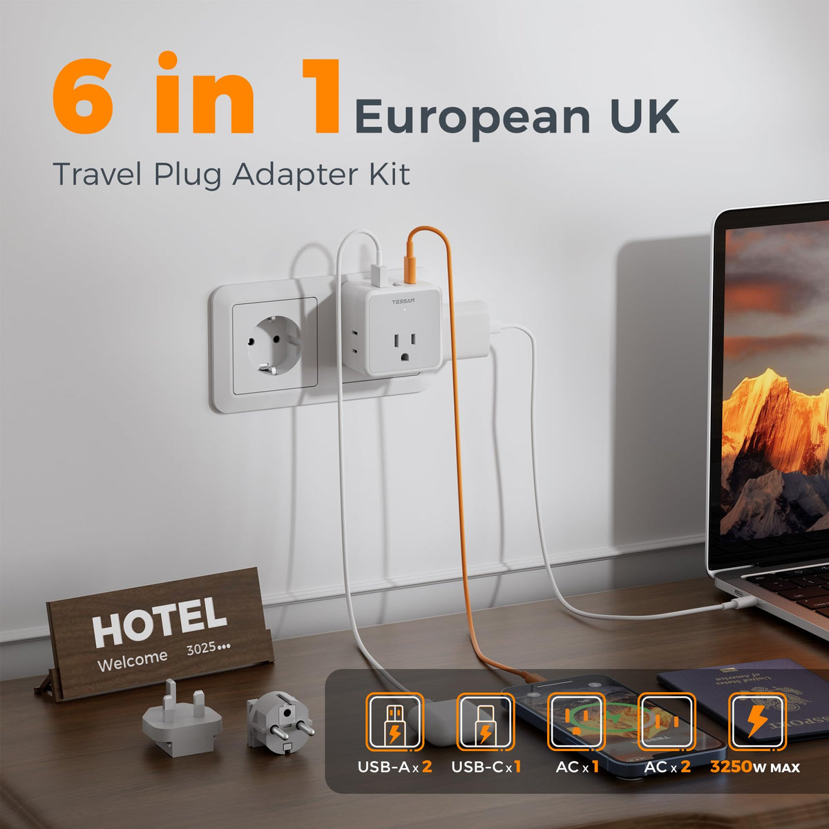 TESSAN All European UK Travel Plug Adapter Kit, International Detachable with 3 Outlet 3 USB Charger (1 USB C), Type C/G/E/F EU Ireland Power Adaptor, US to Europe Italy Spain France Greece