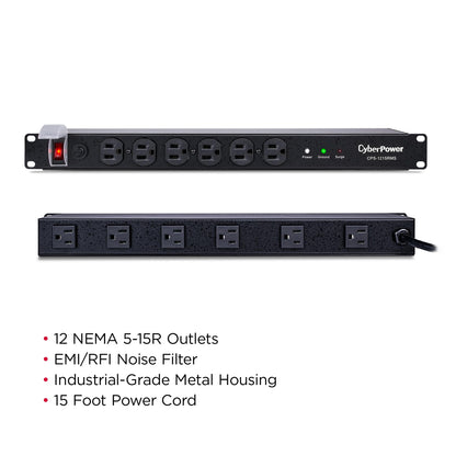CyberPower CPS1215RMS Surge Protector, 120V/15A, 12 Outlets, 15 ft Power Cord, 1U Rackmount