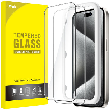 JETech Screen Protector for iPhone 15 6.1-Inch, Bubble Free, Tempered Glass Film with Easy Installation Tool, Case-Friendly, HD Clear, 2-Pack