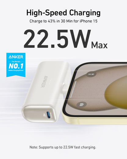 Anker iPhone 17 Portable Charger, Nano Power Bank with Built-in USB C Connector, 5,000mAh Portable Charger 22.5W, for iPhone 17/16/15 Series, Samsung S22/23 Series, iPad Pro/Air, AirPods, and More