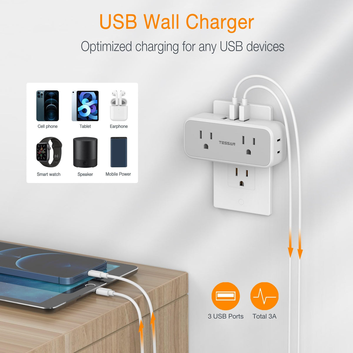 Surge Protector Outlet Extender, TESSAN Multi Plug Splitter with 4 Electrical Outlets 3 USB Ports(1 USB C), Multiple Plug Mini Wall Expander for Home Bathroom Office Dorm Room Essentials