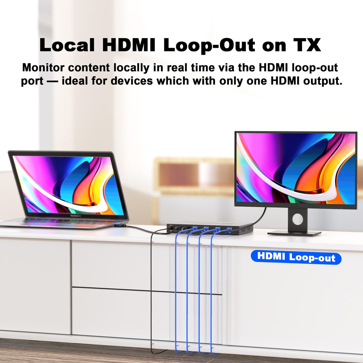 ALGOX 328ft/100m 4K@30Hz HDMI Extender Splitter 1 in 2 Out Over CAT6/6e/7(T-568B) Supports Loop Out, EDID Copy, HDR10, Dolby Vision, 3D Video, Plug and Play, Easy to Install