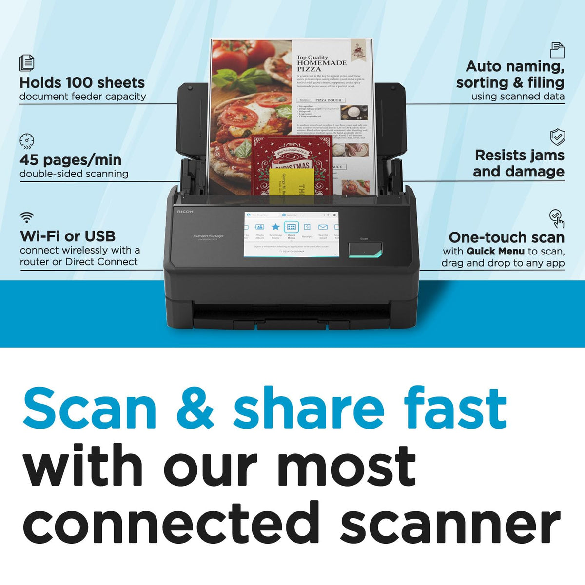 ScanSnap iX1600 Wireless or USB High-Speed Cloud Enabled Document, Photo & Receipt Scanner with Large Touchscreen and Auto Document Feeder for Mac or PC, 17 watts, Black
