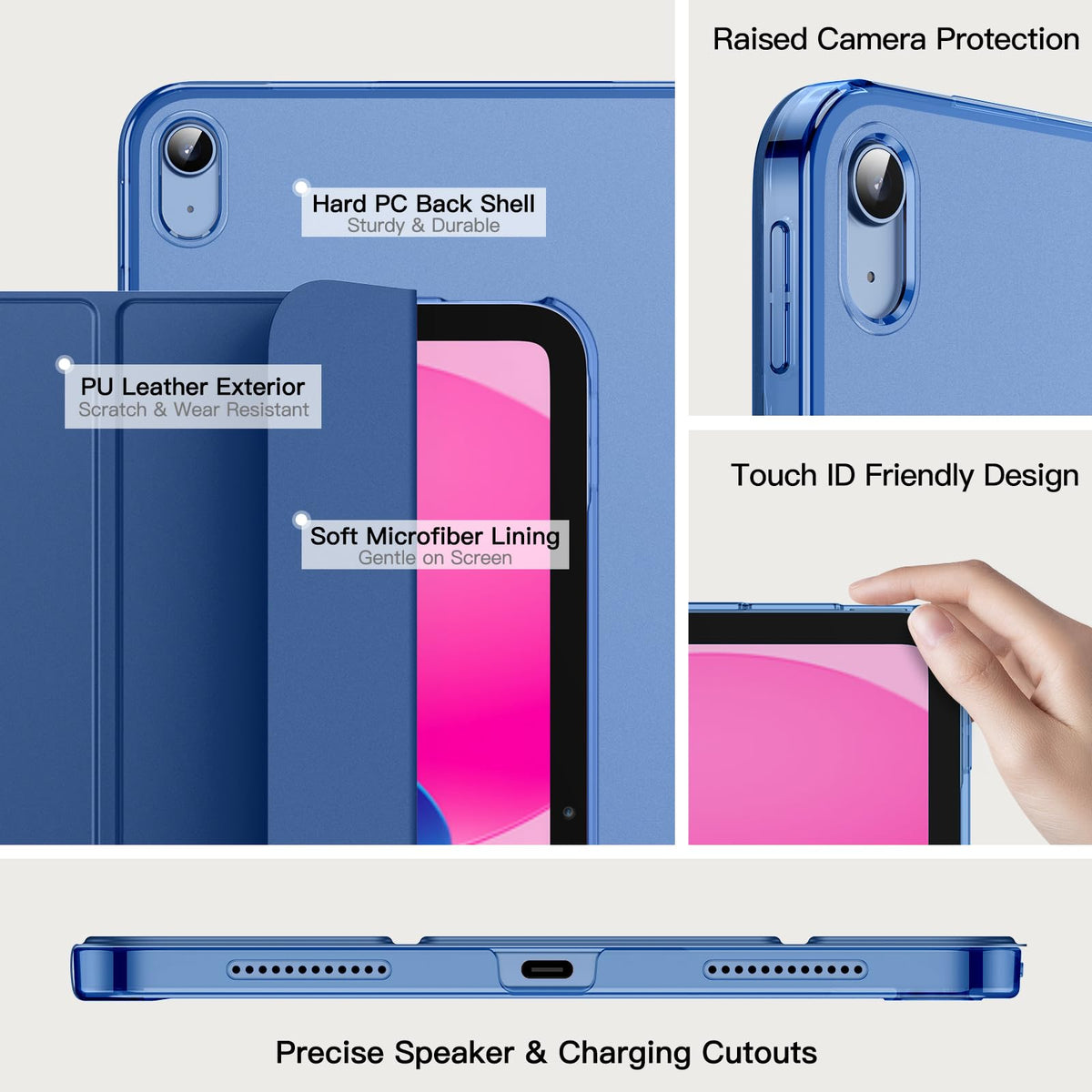 JETech Case for iPad (A16) 11th Generation 11 Inch 2025 / iPad 10th Generation 10.9 Inch 2022, Slim Smart Cover with Hard PC Translucent Back, Supports Touch ID, Auto Wake/Sleep (Navy Blue)