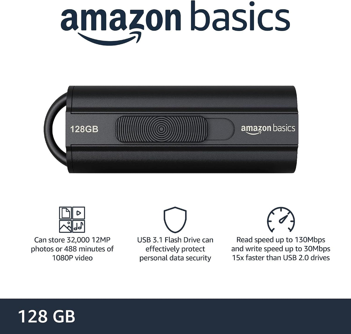 Amazon Basics 128 GB Ultra Fast USB 3.1 Flash Drive, Retractable, High-Speed Data Transfer Storage Device, Black
