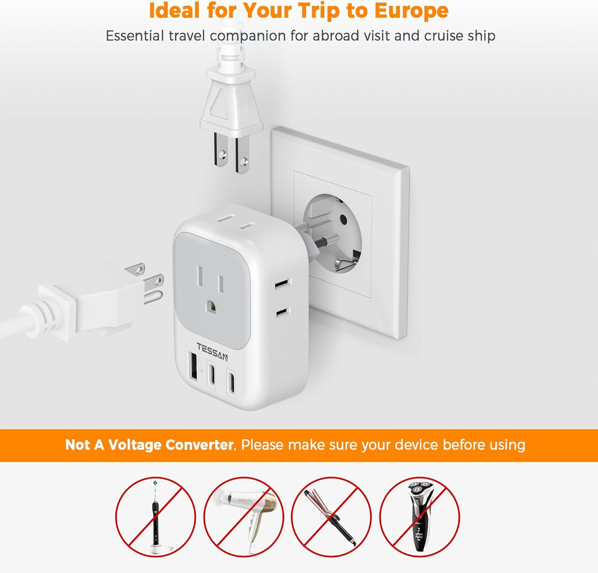 TESSAN European Travel Plug Adapter USB C, Type C Power Adaptor with 4 AC Outlets for USA to EU Italy Iceland Spain France Greece Germany