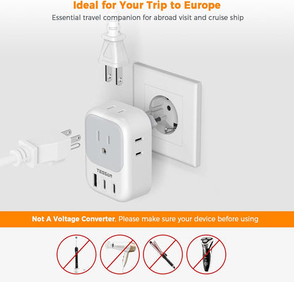 TESSAN European Travel Plug Adapter USB C, Type C Power Adaptor with 4 AC Outlets for USA to EU Italy Iceland Spain France Greece Germany