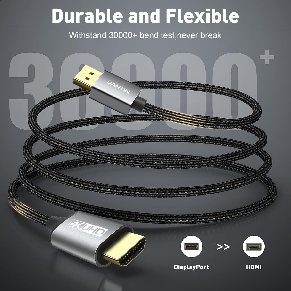 UANTIN 4K DisplayPort to HDMI Cable 6Ft, Uni-Directional Only, DP 1.2 (Source) to HDMI 1.4 (Display), 4K@30Hz, 2K@60Hz, Display Port Braided Cord for AMD, NVIDIA, Dell, Monitor