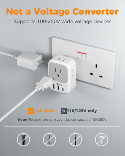 2 Pack European Plug Adapter USB C, TESSAN US to Europe Adapter 4 Outlets 3 USB Charger, Type C International Power Adaptor to Italy Spain France Portugal Iceland Germany, Europe Travel Essentials