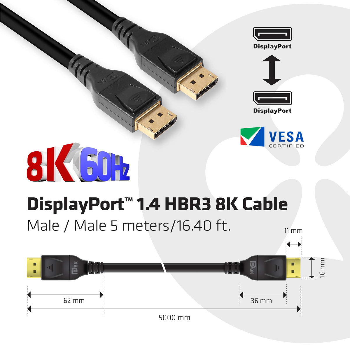 Club3D CAC-2068 VESA Certified DisplayPort to DisplayPort 1.4/Hbr3 M/M Cable DP 1.4 8K 60Hz 2m - 6,56ft