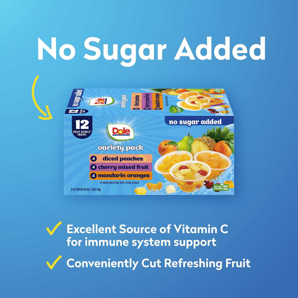 Dole Diced Peaches, Mandarin Oranges, and Cherry Mixed Fruit in 100% Juice Variety Pack - Dole Fruit Bowls Snacks - 4 oz Bowls - 12 Pack