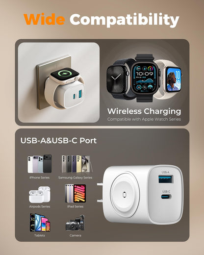 Charging Blocks for Apple Watch, 3-in-1 PD 20W USB C Charger Block with Built-in Wireless Smart Watch Charging, Dual Ports Wall Charger Compatible with iPhone,AirPods,iWatch