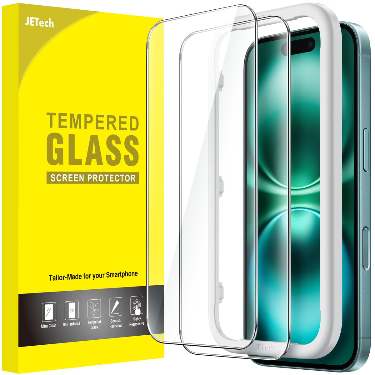 JETech Screen Protector for iPhone 15 6.1-Inch, Bubble Free, Tempered Glass Film with Easy Installation Tool, Case-Friendly, HD Clear, 2-Pack