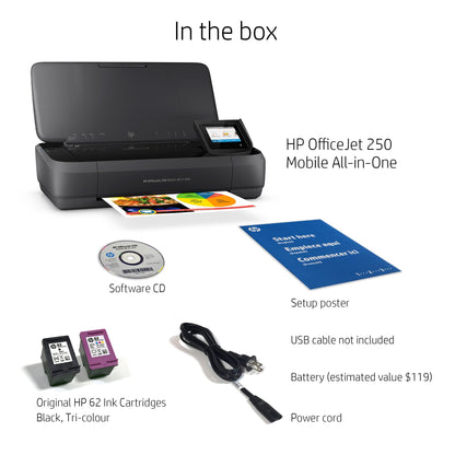 HP OfficeJet 250 Wireless Mobile Printer, Scanner, Copier - Black, Battery Included (CZ992A)