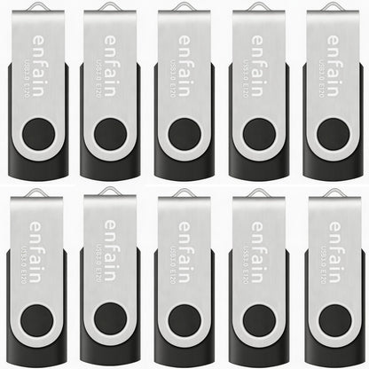 Enfain 16GB USB 2.0 Flash Drive 10 Pack | Swivel Thumb Drives with 31 Labels | Gift-Ready Packaging for Corporate Events, Office & Team Distributions (Black)