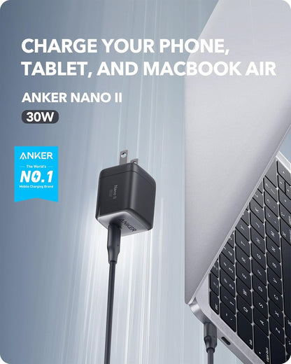 USB C, Anker Nano II 30W Fast Charger Adapter, GaN II Compact Charger (Not Foldable) for MacBook Air/iPhone 13/13 Mini/ 13 Pro/ 13 Pro Max/ 12, Galaxy S21, Note 20, iPad Pro, Pixel, and More