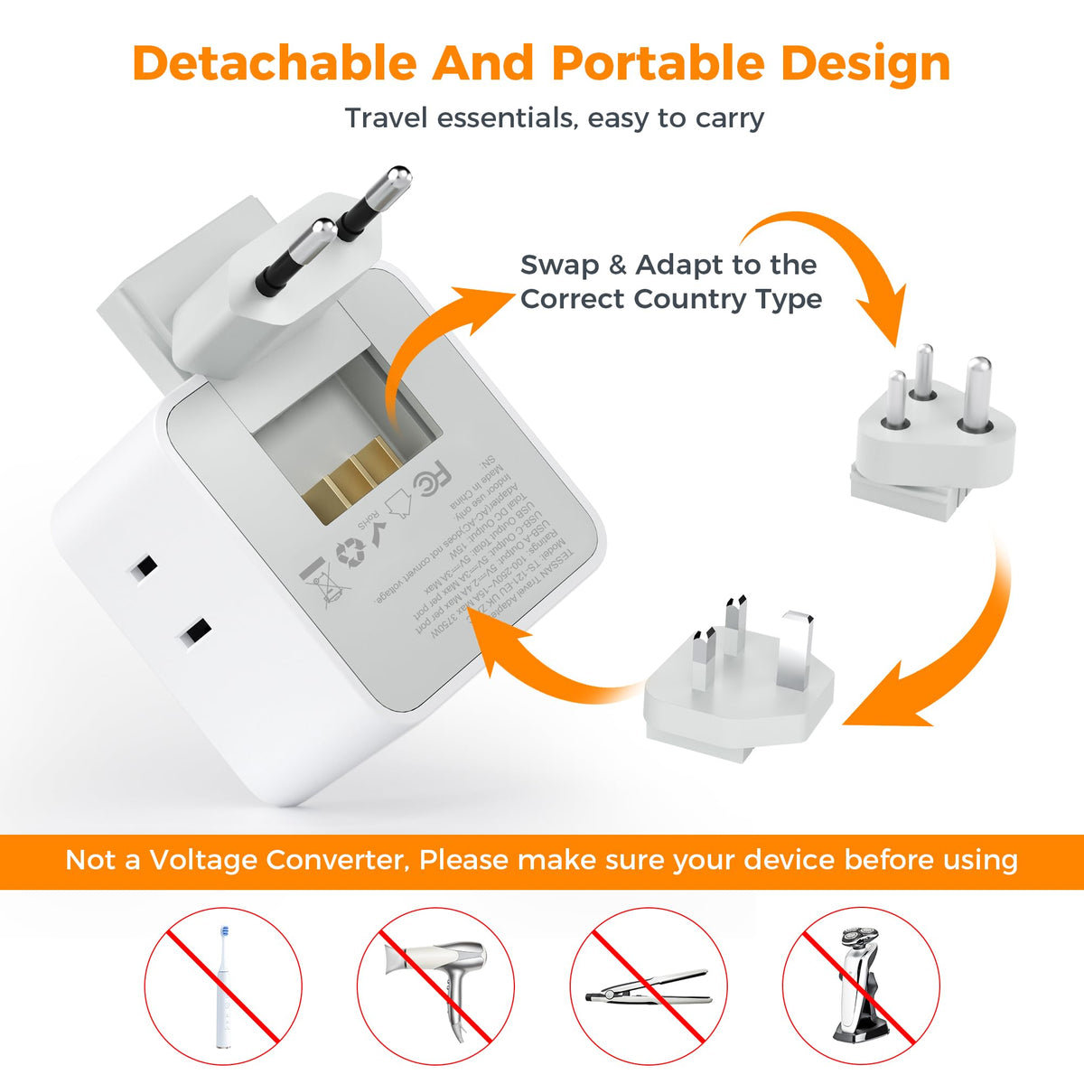 TESSAN All European UK Travel Plug Adapter Kit, International Detachable with 3 Outlet 3 USB Charger (1 USB C), Type C/G/E/F EU Ireland Power Adaptor, US to Europe Italy Spain France Greece