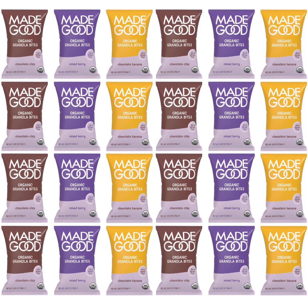MadeGood Granola Minis Variety Pack – 24 Pack Snack Bags – Chocolate Chip, Strawberry & Chocolate Banana – Allergy Friendly, Gluten Free Mini Granola Bites