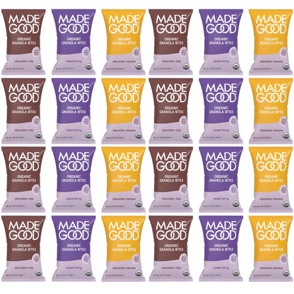 MadeGood Granola Minis Variety Pack – 24 Pack Snack Bags – Chocolate Chip, Strawberry & Chocolate Banana – Allergy Friendly, Gluten Free Mini Granola Bites