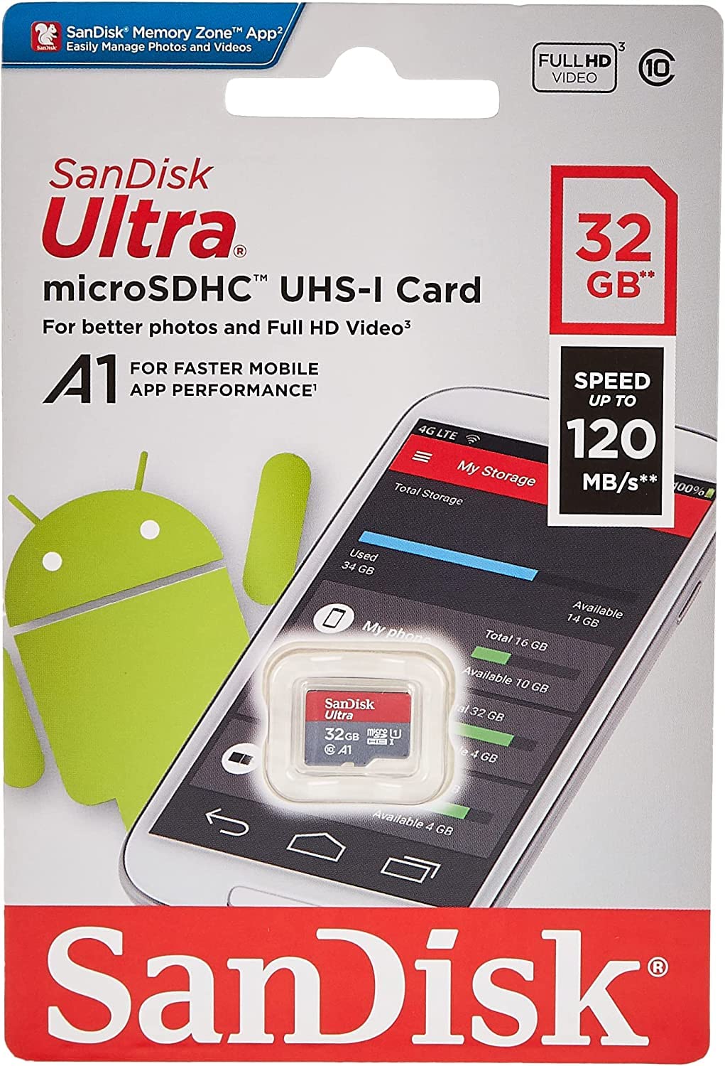 SANDISK 256GB Ultra microSD Card + Adapter, Up to 150MB/s Read Speeds