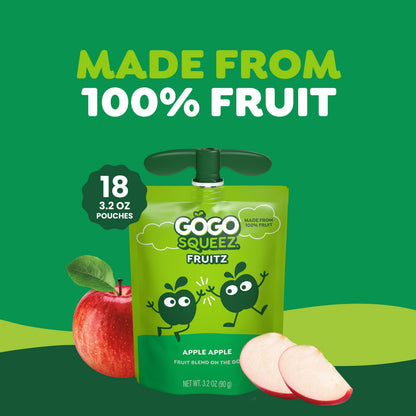 GoGo squeeZ No Sugar Added Applesauce and Fruit Puree, Apple Cinnamon, 3.2 oz Pouches (Pack of 18), Fruit Snacks for Kids, Gluten Free, Nut Free, Recloseable Cap, BPA Free