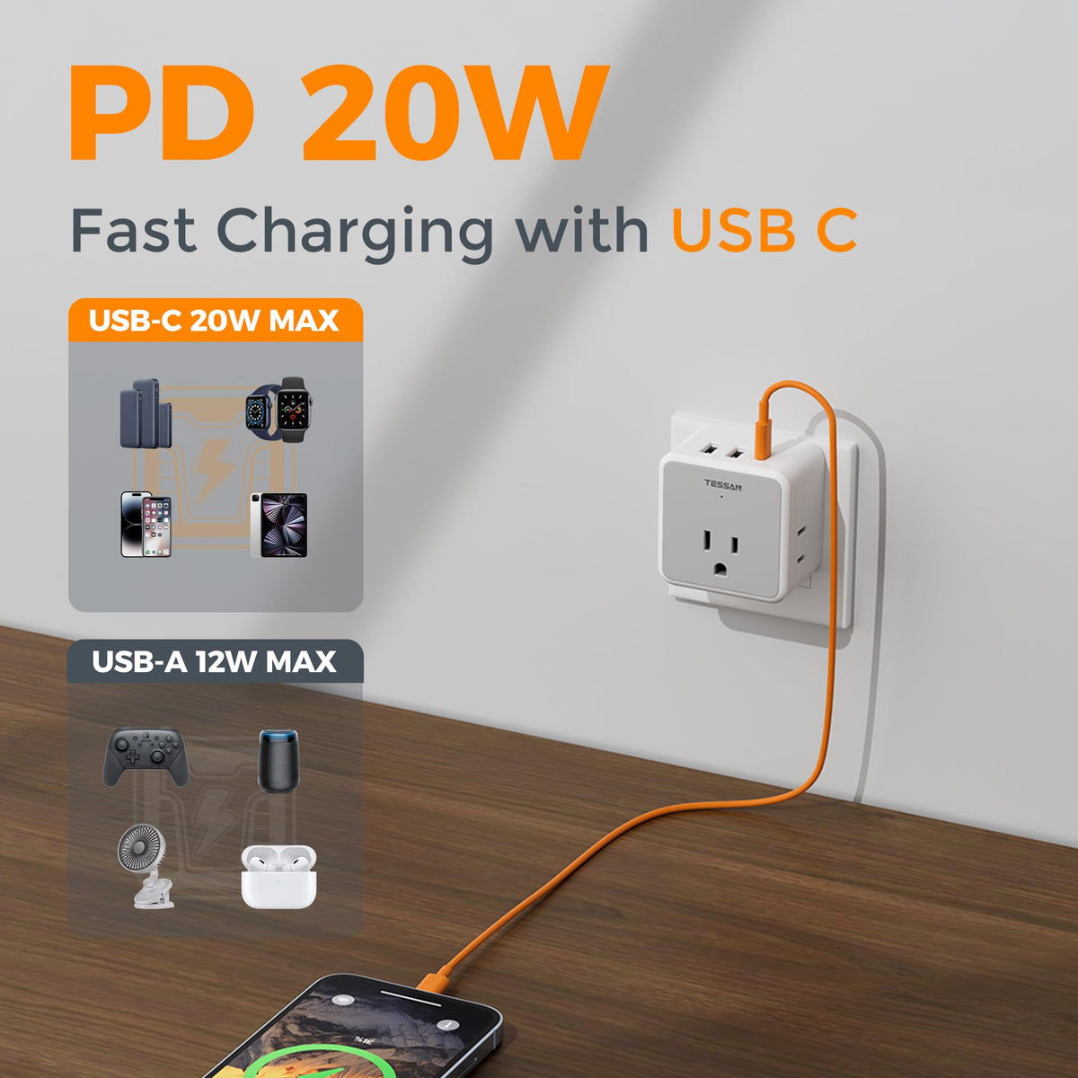 TESSAN All European UK Travel Plug Adapter Kit, International Detachable with 3 Outlet 3 USB Charger (1 USB C), Type C/G/E/F EU Ireland Power Adaptor, US to Europe Italy Spain France Greece