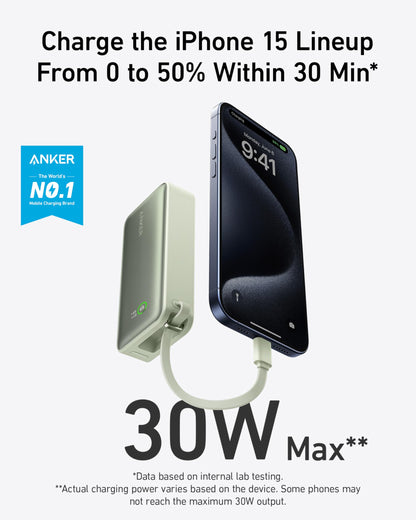 Anker Nano Power Bank, 10,000mAh Portable Charger with Built-in USB-C Cable, 30W Recharging, 30W Max Output with USB-C&A, for iPhone 17/16/15 Series, MacBook, Galaxy, AirPods, and More