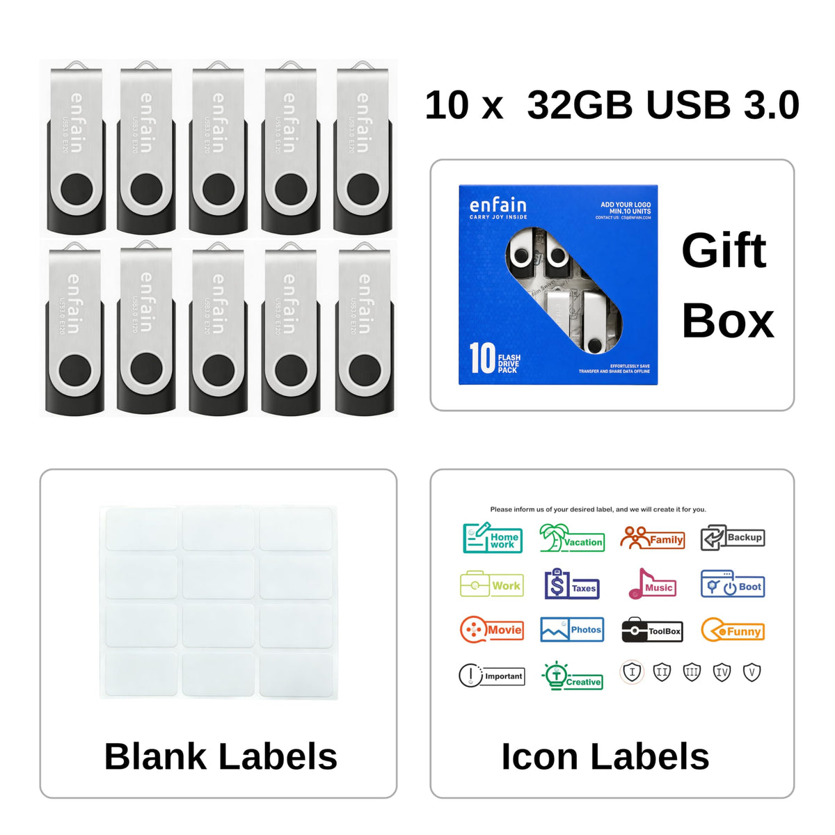 Enfain 16GB USB 2.0 Flash Drive 10 Pack | Swivel Thumb Drives with 31 Labels | Gift-Ready Packaging for Corporate Events, Office & Team Distributions (Black)