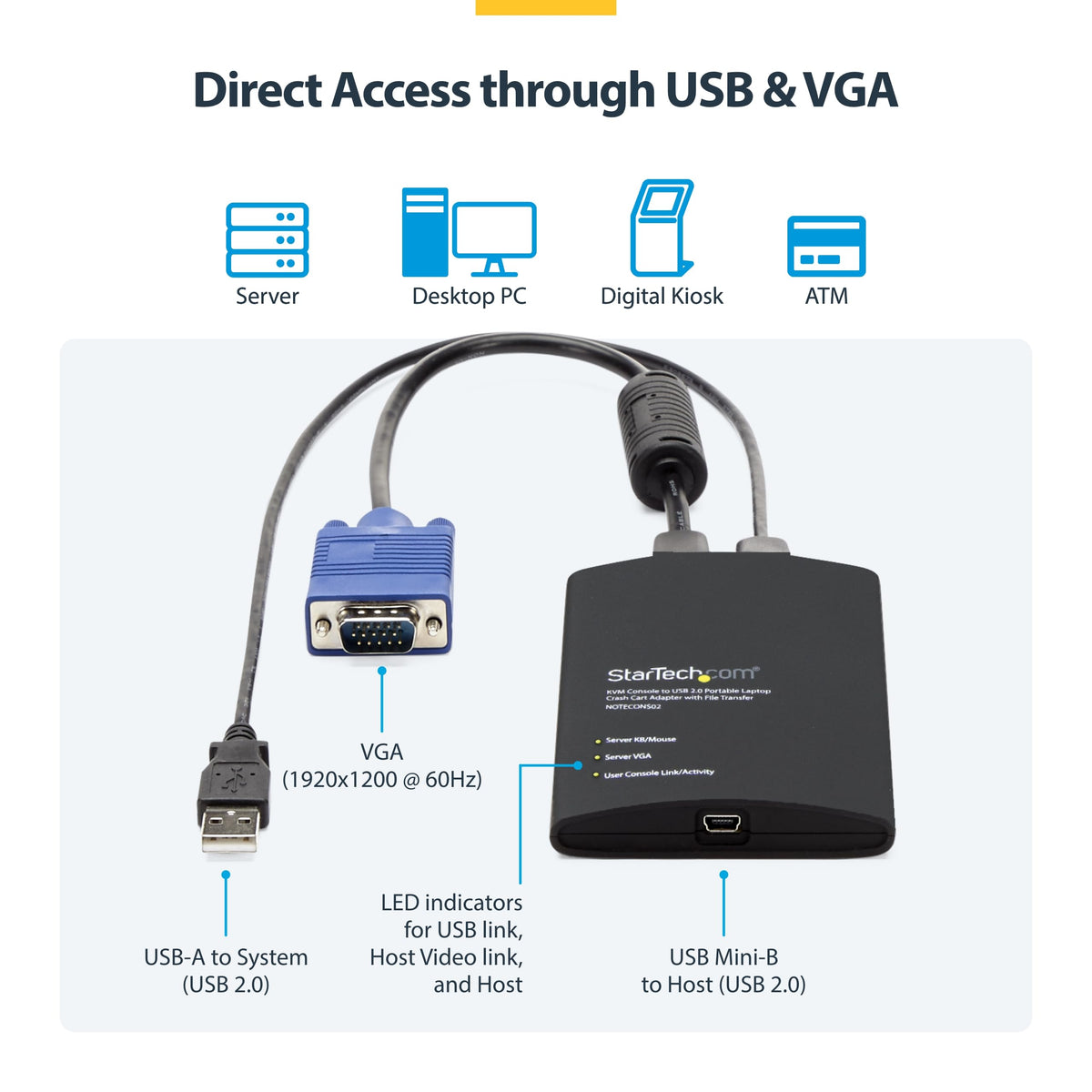 StarTech.com Portable Laptop Crash Cart Adapter, USB/VGA Analogue KVM Console, File Transfer & Video Capture, Windows/Linux/MacOS, TAA