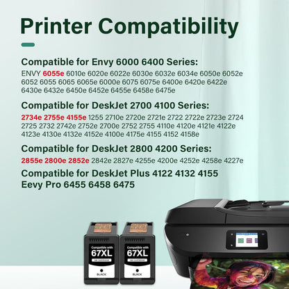 67XL 67 XL Black Ink Cartridges 6055e 2800e Ink for HP67XL Compatible for HP 2700 2800 6000 Series Printers DeskJet 2755e 2855e 4155e 4255e Envy 6400 6455e 6458e (2-Pack)