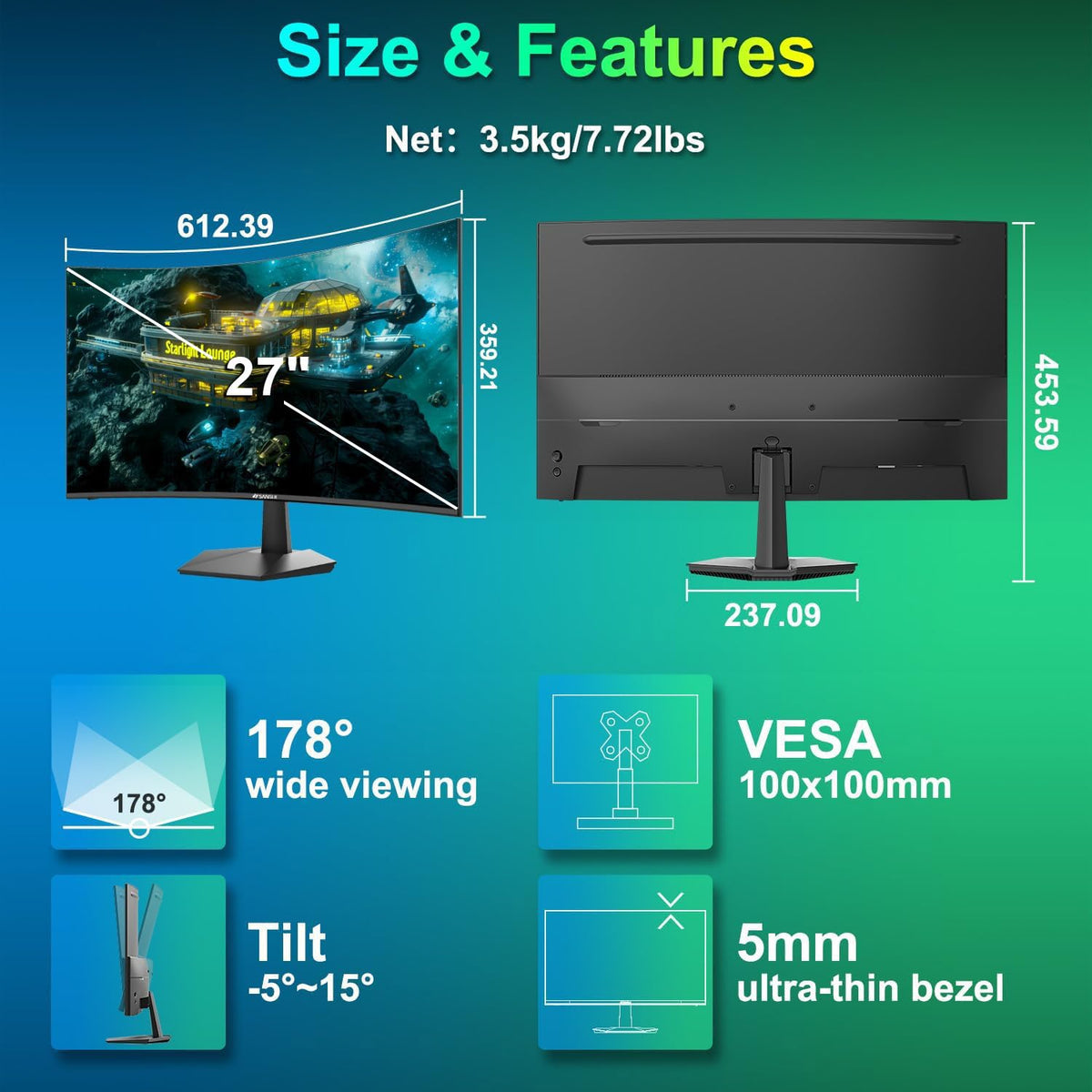 SANSUI 34-Inch Curved Gaming Monitor UWQHD 3440 x 1440P Up to 200Hz 165Hz Curved 1500R - PIP/PBP, OD 1ms, HDR, 300nits, sRGB 130%, DCI-P3 97%,AI Crosshair,HDMI2.1x2,DP1.4(Cable Included)