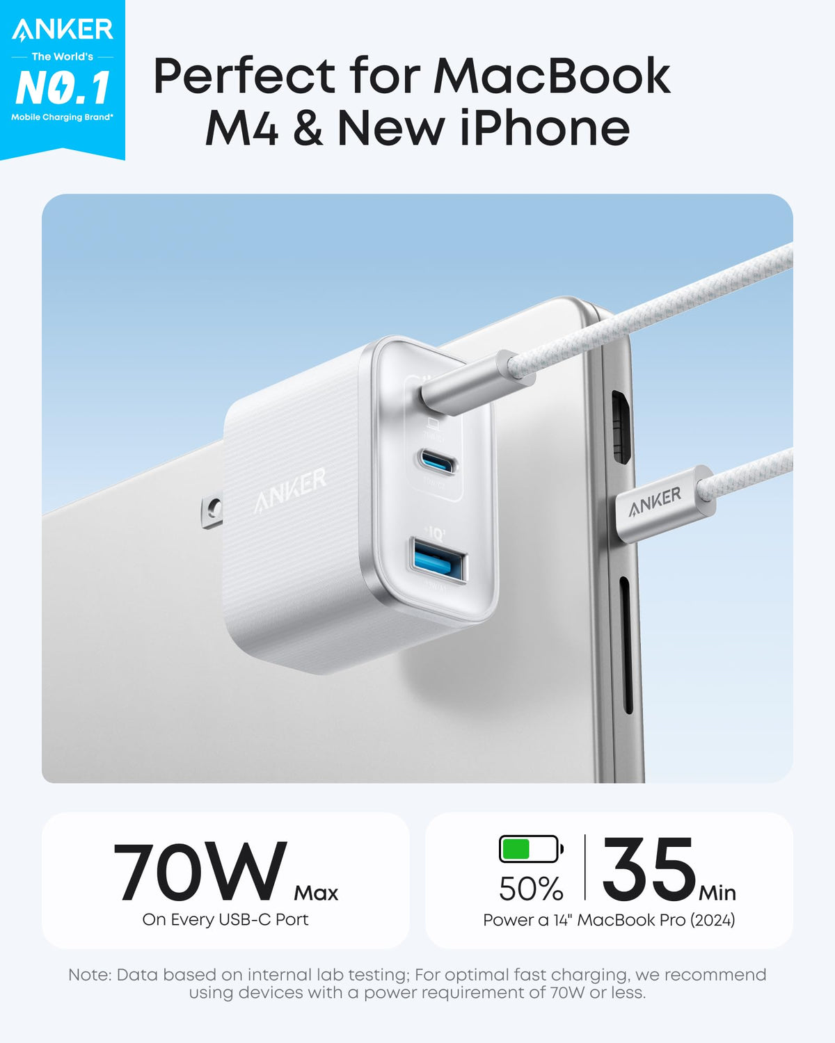 Anker Nano Charger, Ultra-Fast 70W Output 3-Port USB C Charger Block, Fast Charging, Compact and Stylish, for iPhone 17/16 Series, MacBook, iPad, Pixel, Galaxy, and More(Black, Cable Included)