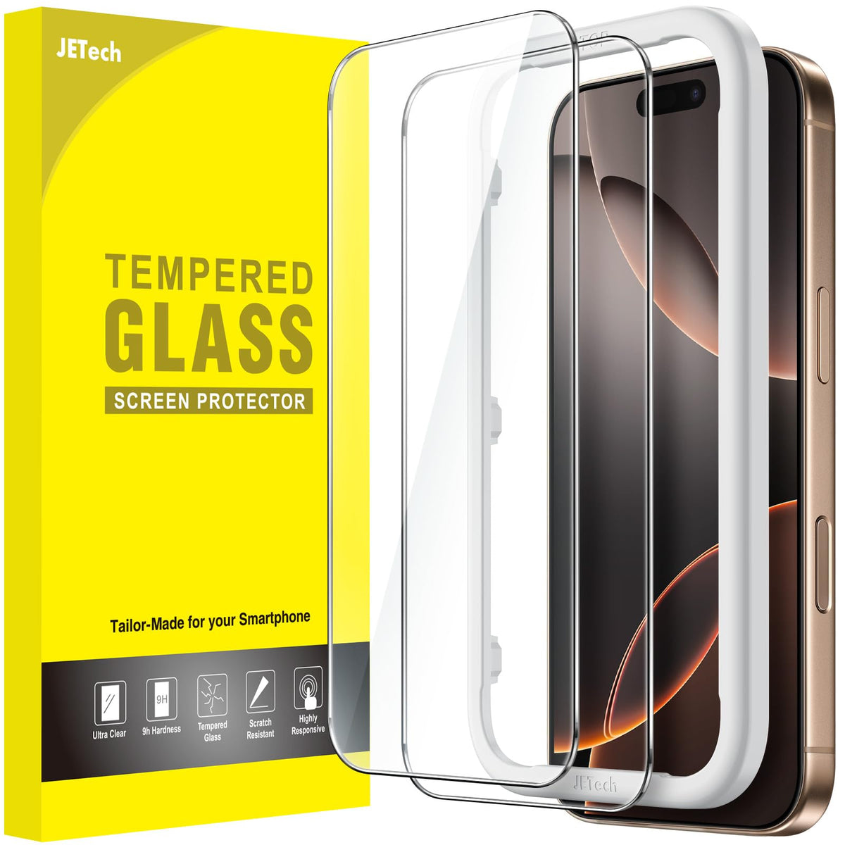 JETech Screen Protector for iPhone 15 6.1-Inch, Bubble Free, Tempered Glass Film with Easy Installation Tool, Case-Friendly, HD Clear, 2-Pack