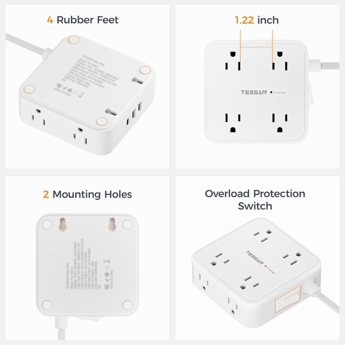 TESSAN Surge Protector Power Strip, 5 Ft Flat Plug Extension Cord with 3 USB (1 USB C) 8 Outlets, 1250W, 900J Protection, 3 Sided Outlet Extender with Power Switch for Office, Dorm Room, Grey