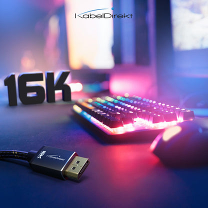 KabelDirekt – DisplayPort 2.1 Cable/16K DP 2.1 Cable – 3ft – Nylon braiding + Break-Proof Metal connectors, DP80 with 80Gbps for Gaming PC/Monitor, FreeSync/G-Sync, for 16K@60Hz, 8K@120Hz, 4K@240Hz