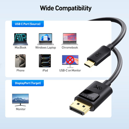 Cable Matters Unidirectional USB C to DisplayPort 1.4 Cable - 6ft, Support 8K@60Hz / 4K@240Hz, Thunderbolt 4 to DisplayPort Cable, Display Port to USB C, Black - Not for Portable USBC Monitor
