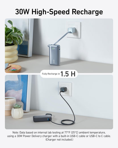 Anker Nano Power Bank, 10,000mAh Portable Charger with Built-in USB-C Cable, 30W Recharging, 30W Max Output with USB-C&A, for iPhone 17/16/15 Series, MacBook, Galaxy, AirPods, and More