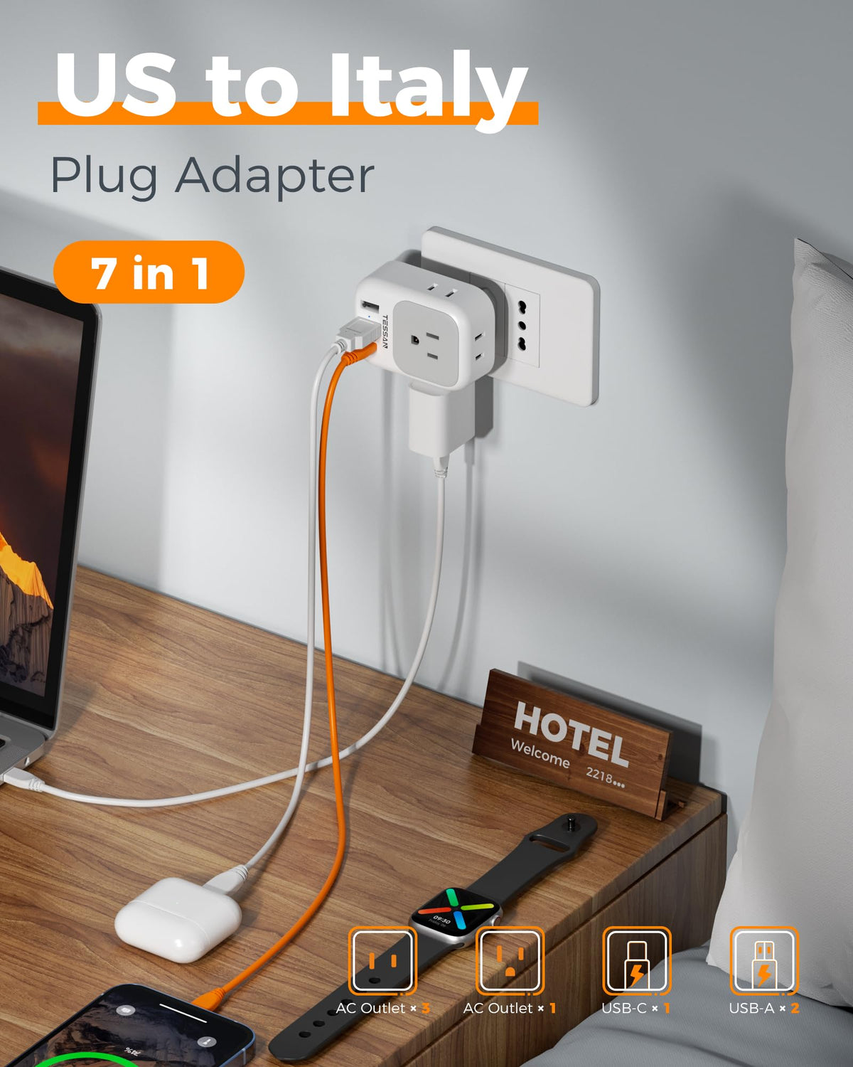 2 Pack European Plug Adapter USB C, TESSAN US to Europe Adapter 4 Outlets 3 USB Charger, Type C International Power Adaptor to Italy Spain France Portugal Iceland Germany, Europe Travel Essentials