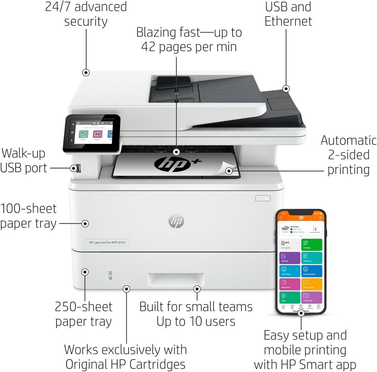 HP LaserJet Pro MFP 4101fdne Black & White Monochrome Printer with HP+ Smart Office Features and Fax