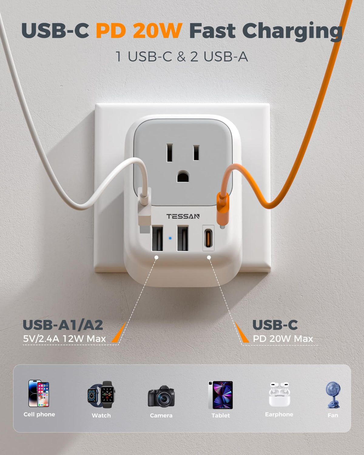 2 Pack European Plug Adapter USB C, TESSAN US to Europe Adapter 4 Outlets 3 USB Charger, Type C International Power Adaptor to Italy Spain France Portugal Iceland Germany, Europe Travel Essentials