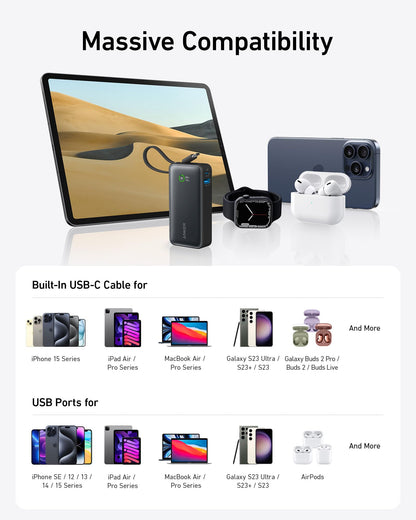 Anker Nano Power Bank, 10,000mAh Portable Charger with Built-in USB-C Cable, 30W Recharging, 30W Max Output with USB-C&A, for iPhone 17/16/15 Series, MacBook, Galaxy, AirPods, and More