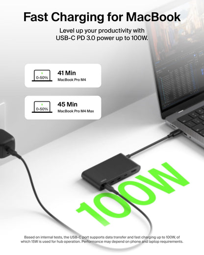 Belkin USB C Hub, 4-in-1 Multi-Port Laptop Dock with 4K HDMI, USB C Docking Station with 100 Watt Pass-Through Power Delivery, 2 X USB A Ports For MacBook Pro, Air, iPad Pro, Chromebook and More